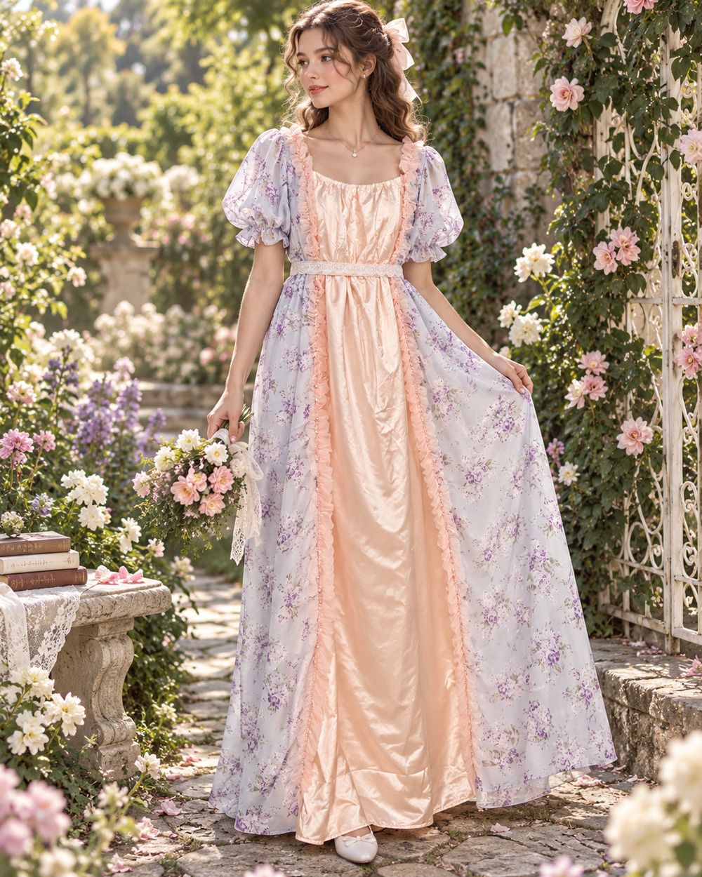 Women's Regency Bridgerton Ball Gown 2XL Floral Embroidered Peasant Coquette